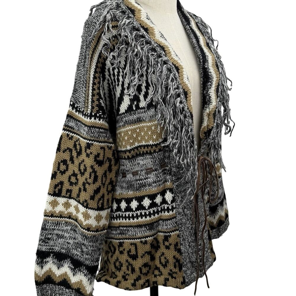 Vintage 80s Together Cardigan Sweater Medium Leopard Print Fringe Chunky Knit - Picture 2 of 13